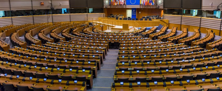 European parliament empty plenary room in Brussels, Belgium